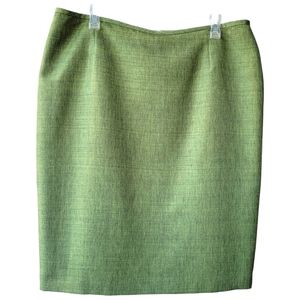 Le Suit pencil midi skirt shiny olive-green hidden back zip back slit lined 14P